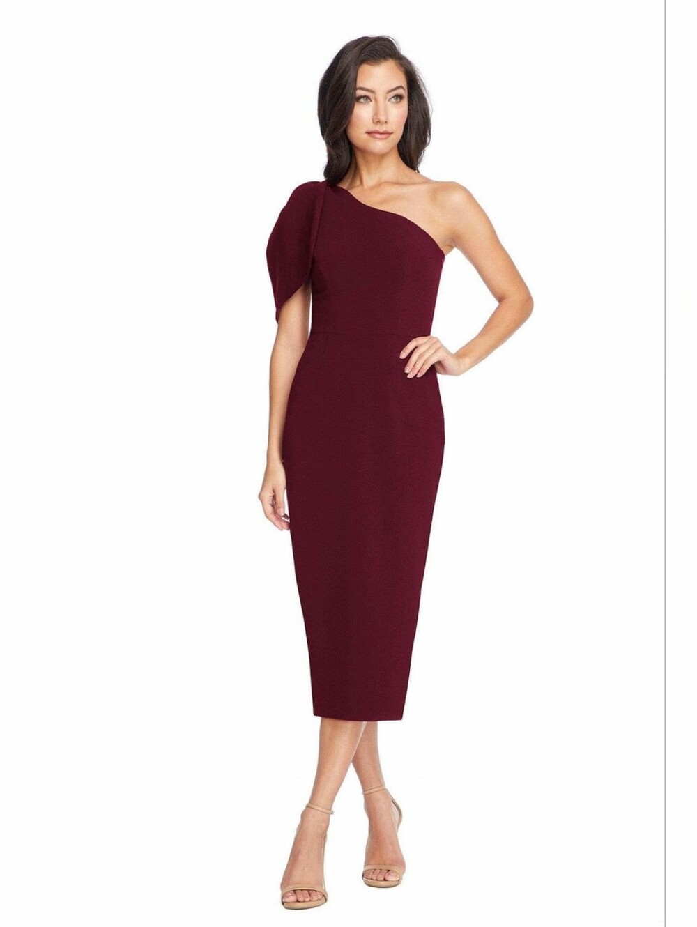 NWT Dress the Population Tiffany One-Shoulder Midi Dress In Burgundy